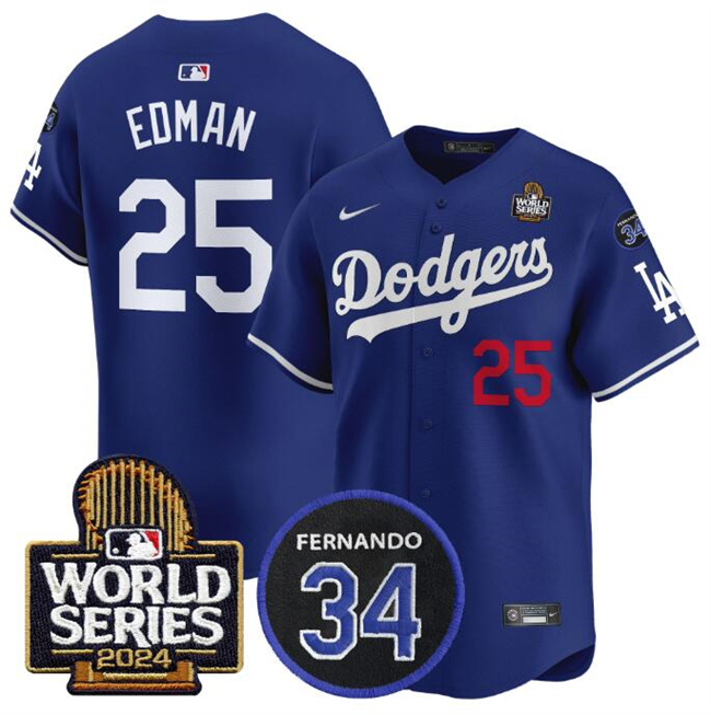 Men's Los Angeles Dodgers #25 Tommy Edman Royal 2024 World Series With Fernando Memorial Patch Alternate Limited Stitched Baseball Jersey Men's Los Angeles Dodgers #25 Tommy Edman Royal 2024 World Series With Fernando Memorial Patch Alternate Limited Stitched Baseball Jersey